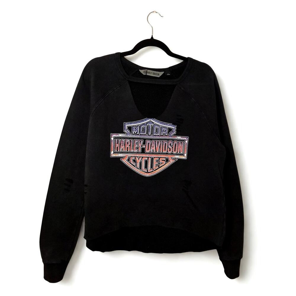 Harley Davidson Crewneck Sweatshirt Distressed Black Graphic Biker Pullover